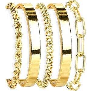 👑Women's Gold Plated Steel Set of 5 Chunky Stackable Cuff Bangles Bracelets Set